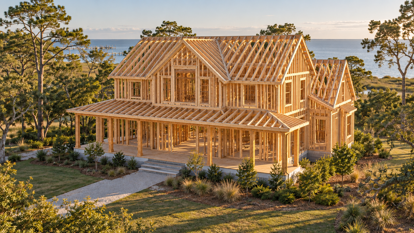 Photorealistic concept of a coastal home with exposed timber framing