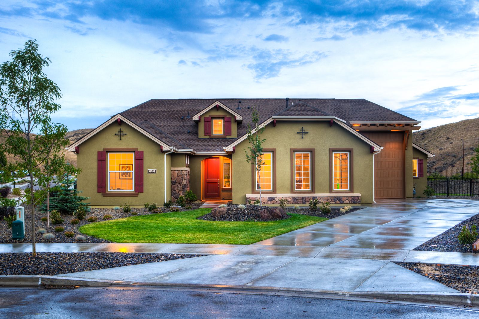 Illustrative residential exterior at dusk